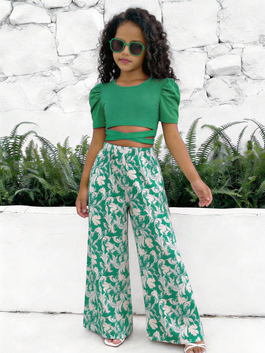 Sparklyn Tween Girl Vacation Casual Solid Color Puff Sleeve Hollow Out Cropped Top & Floral Print Long Pants 2 Pieces Set - Green - View 1