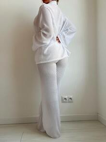 Swim Lushoire Summer Beach 2pcs/Set Solid Color Long Sleeve Top, Long Pants Cover Up Set - White - View 2
