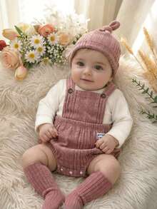 4pcs/Set Baby Girl Newborn 0-3T White,Summer,Basic,Cute,Matching Family Textured Ribbed Crew Neck Long Sleeve Bodysuit,Bib Overalls,Shorts,Hat&Tights - Multicolor - View 3