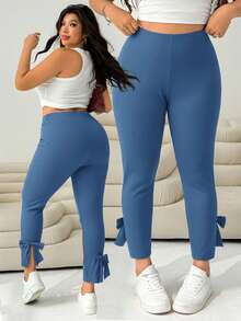 SHEIN PETITE CURVE 大码女式黑色休闲修身裤，饰有蝴蝶结和侧开衩，适合夏季、秋季、可爱场合、海滩度假、西部风情、乡村音乐会、校园、早午餐等。 - 藍色 - 查看 7