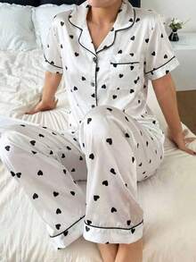 SHEIN 1 Bộ đồ ngủ tay ngắn thoải mái, in hình trái tim, cổ ve áo, chất liệu giả lụa. - trắng - Xem 3
