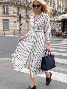 Pariaura Casual Commuting Striped Front Button-Up Shirt Dress Casual Outfits Spring Clothes For University Fall Cloth For Women - White - View 2