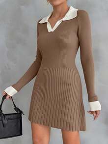 Women's Colorblock Ribbed Casual Everyday Wear & Date Knit Long Sleeve Dress - Brown - View 4