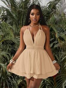 Slaydiva 新款春夏休闲度假双肩带露背吊带连体裤，露背设计，多层下摆，宽松阔腿短裤，白色海浪条纹编织面料女式连体裤-A - 卡其色 - 查看 6