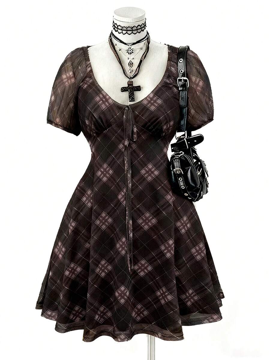 Sunspun 大码女式格子网纱系带连衣裙 - 彩色 - 查看 1