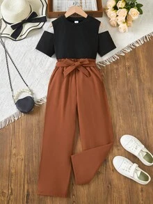 SHEIN Set de 2 piezas de top con hombros descubiertos y pantalones de unicolor casual para niñas preadolescentes - Marrón - Ver 3