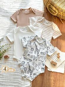 SHEIN Vintaside Kids 4pcs/Set Baby Boy/Girl Cute Knitted Elastic Striped Short Sleeve Rompers, Basic Bodysuits, Spring/Summer - Multicolor - View 4