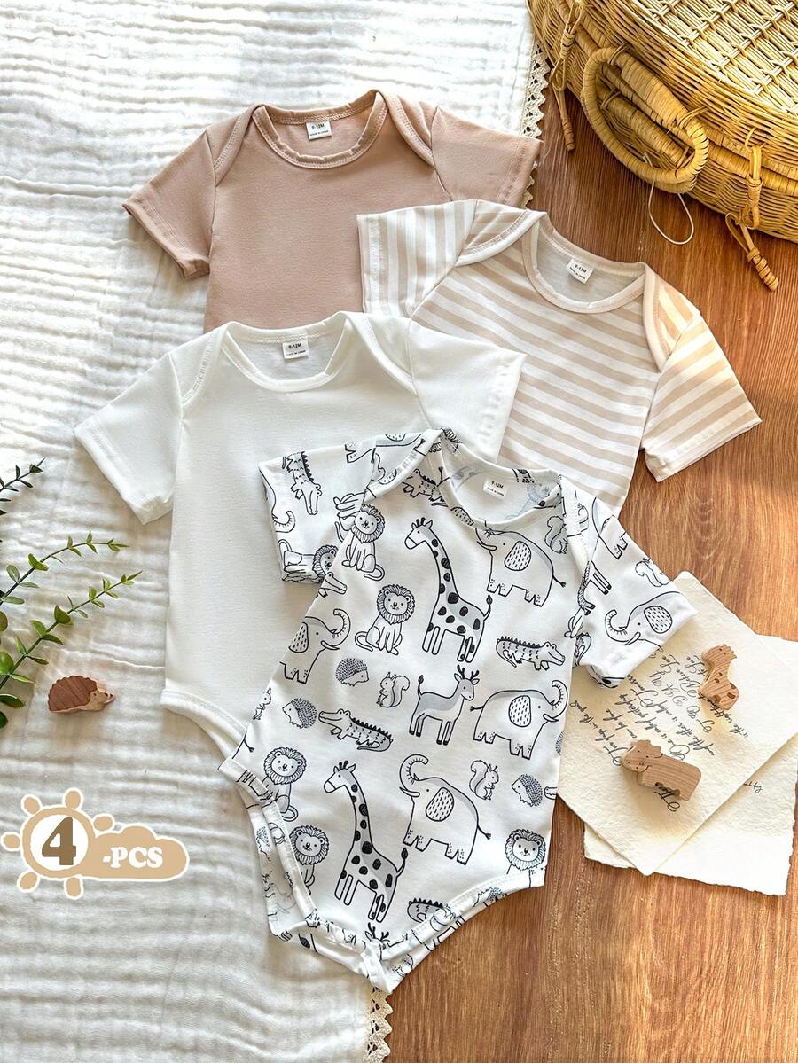 SHEIN Vintaside Kids 4pcs/Set Baby Boy/Girl Cute Knitted Elastic Striped Short Sleeve Rompers, Basic Bodysuits, Spring/Summer - Multicolor - View 1