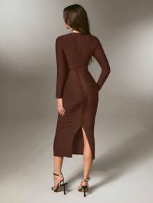 Nuvra Women's Romantic Vacation Curve-Flattering Long Sleeve Bodycon Slit Waist Fitted Bandage Knit Dress - Brown - View 3