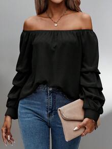 EMERY ROSE Blusa de moda de manga larga con hombros descubiertos y unicolor para mujer de talla grande - Negro - Ver 5