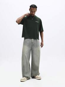 SUMWON 男士宽松圆领短袖印花T恤，印有“Winning”字样，森林绿纯棉休闲街头风夏季上衣 - 墨綠色 - 查看 3