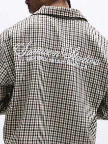 SUMWON Camisa corta de manga larga con botones a cuadros, ligera, con detalles bordados de texto para moda casual de calle en otoño - Multicolor - Ver 8