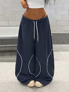 StreetHx Women's Casual Loose Fit Striped Sports Pants - Navy Blue - View 1