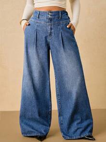 SHEIN Tall CURVE Plus Size Women's Fashion Wide Leg Pockets Jeans - Medium Wash - View 5