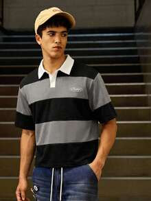 SWAVVY Men's Striped Short Sleeve Casual Commuter Polo Shirt - Black - View 2