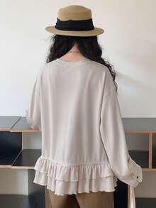 FRIFUL Women's Solid Color Drawstring Hem Ruched Ruffle Trim Cuff Button Waffle Loose Casual Versatile Spring T-Shirt - Apricot - View 6