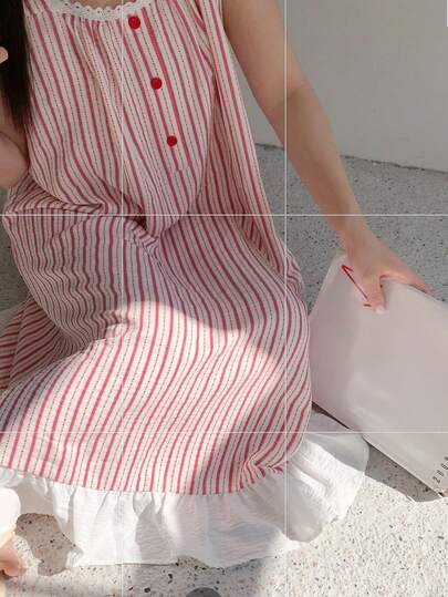 Dazy Plus Plus Size Women Summer Striped Print Contrast Lace Loose Camisole Nightgown