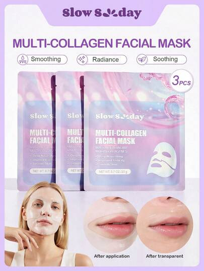 SlowSunday Multi-Collagen Facial Mask, 3pcs, Korean Collagen Mask, Jelly Collagen Face Mask, Deep Moisturizing, Improve Elasticity, Smooth Skin, Y2K, Vegan Formula, Alcohol-Free & Fragrance-Free, K Beauty, Ideal For All Skin Types , Great For Dating, Birthday, Anniversary, Or Any Special Occasion, Ideal For Party, Suitable For Summer