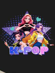 1件可爱酷炫的韩流女孩印花撞色短袖上衣，宽松版型，适合春、夏、秋、冬四季穿着，是送给年轻女孩的绝佳礼物。 - 黑色 - 查看 6