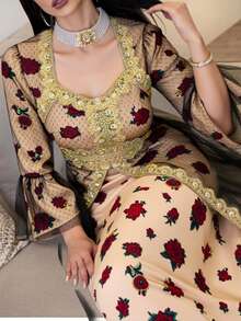 Al Najma New Design 2 In 1 Burgundy Rose Elegant Elegant Romantic Metal Lace Luxurious Party Dress - Multicolor - View 2