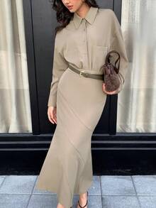 Solavon 女士休闲日常通勤简约纯色落肩宽松拼接口袋长袖衬衫和系带鱼尾裙两件套，春秋季 - 軍綠色 - 查看 3