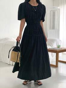 DAZY Women's Black Ruffle Hem Waist Cinched Mid-Length Dress - Black - View 7