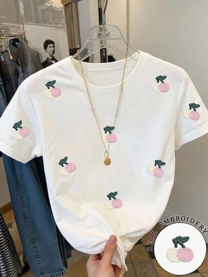 Resyla Plus Size Summer Casual Cherry Embroidery Short Sleeve T-Shirt