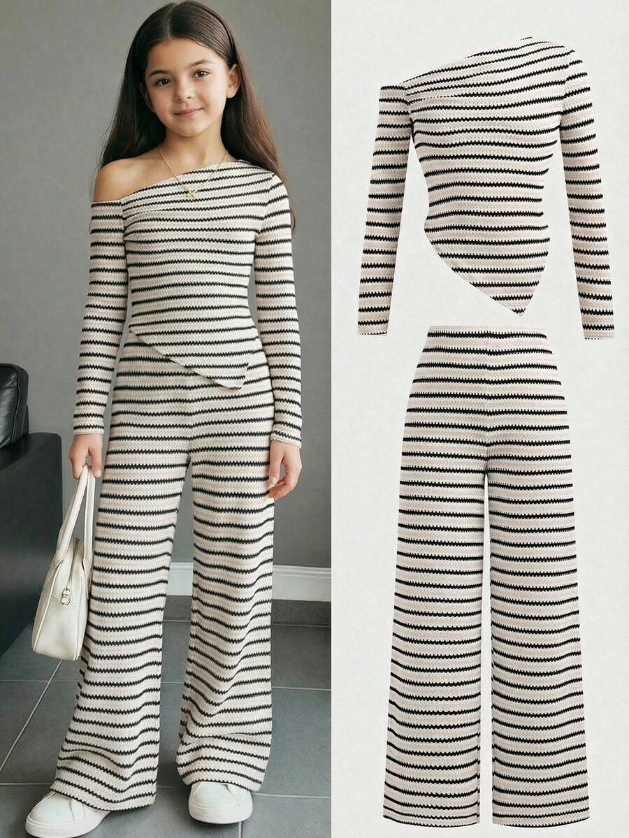 SHEIN 少女休闲条纹不对称T恤和裤子套装 - 黑與白 - 查看 1