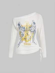 ROMWE Grunge Punk SpringRomantic Nautical Punk Wing & Anchor Foil Print Oblique Shoulder Women Long Sleeve T-Shirt - White - View 12