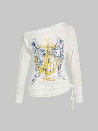 Grunge Punk Romantisches maritimes Punk-Flügel- und Anker-Folienprint-Schräg-Schulter Damen Langarm T-Shirt