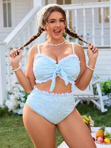 Swim Mod Plus Size 2pcs Floral Print Bandeau Bikini Set With Detachable Straps And High-Waisted Bottoms, Suitable For Summer Beach Vacation - Blue and White - View 4