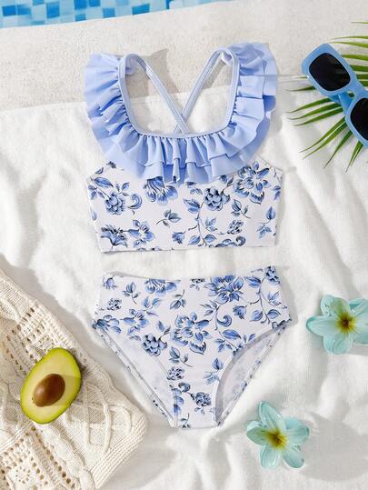 Young Girl Holiday Floral Print Ruffle Trim Swimwear Set, Fresh Blue Color, Energetic For Summer Vacation