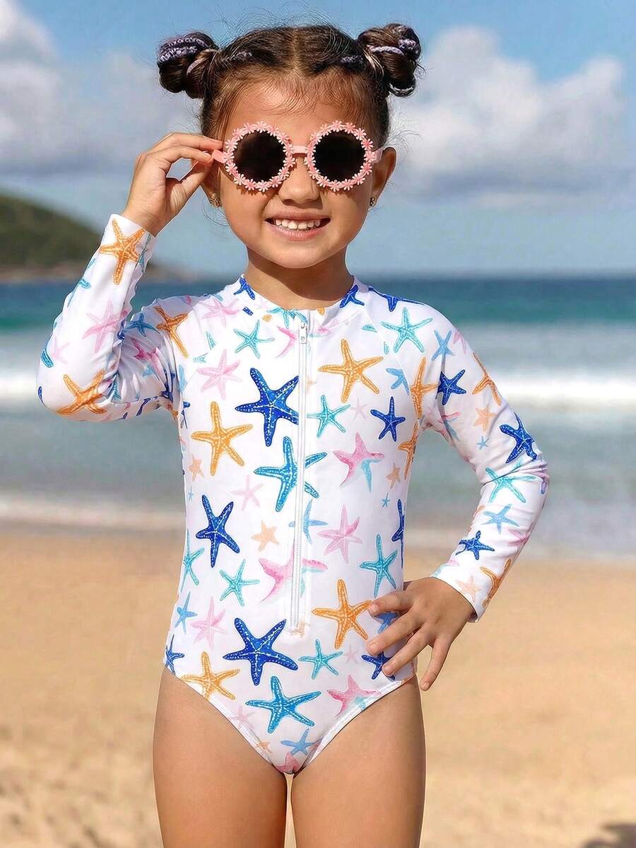 1件装女童可爱彩色星星图案针织长袖连体泳衣，时尚休闲优雅，适合夏季游泳、度假、海滩等场合
