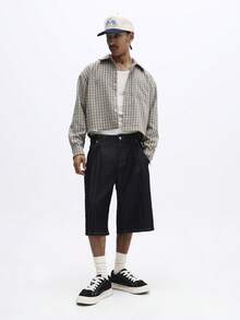 SUMWON Camisa corta de manga larga con botones a cuadros, ligera, con detalles bordados de texto para moda casual de calle en otoño - Multicolor - Ver 3