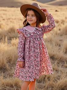 Đầm chữ A cho bé gái, kiểu dáng ngọt ngào với họa tiết hoa nhí, cổ Peter Pan và tay áo ren trắng, eo chun, thích hợp mặc hàng ngày và đi nghỉ xuân/hè. - Hồng - Xem 7