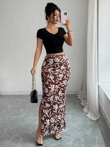 Rafferiza Women's Elegant Floral Print Bodycon Slit Mesh Midi Skirt