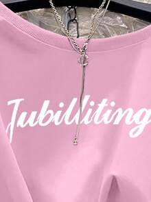 INAWLY Women's Loose Fit Drop Shoulder Crew Neck Long Sleeve Sweatshirt Set - Pink - View 3