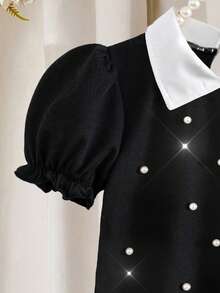 Girls' Elegant Black & White Contrast Pearl Decor Collared Short Sleeve Shirt Blouses, Summer Wedding Peter Pan Collar Rhinestone Tops For Young Girls - Multicolor - View 3