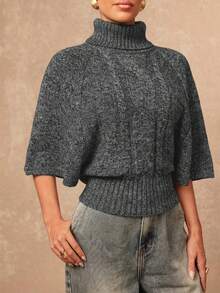Lumalex Turtleneck Short Sleeve Cinched Waist Batwing Sleeve Cape Textured Women Sweater - Dark Grey - View 7