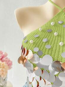 Sunnyshic Sexy Versatile Vacation Style Beaded Halter Knit Top - Green - View 6