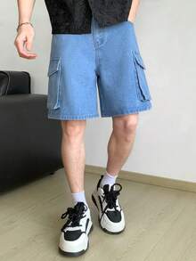 SHEIN 青少年男孩时尚休闲复古酷炫街头宽松舒适简约口袋设计牛仔短裤，适合日常穿着以及春夏锐舞节和街头服饰。 - 藍色 - 查看 4
