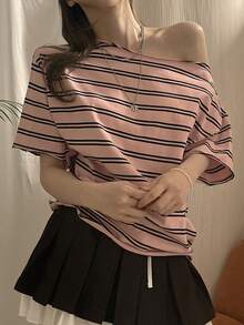 DAZY 女士粉色条纹宽松不对称肩部T恤 - 粉色 - 查看 1