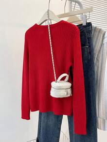 SHEIN LUNE 早春新年复古红色中国风纽扣罗纹圆领长袖女式针织开衫 - 紅色 - 查看 3