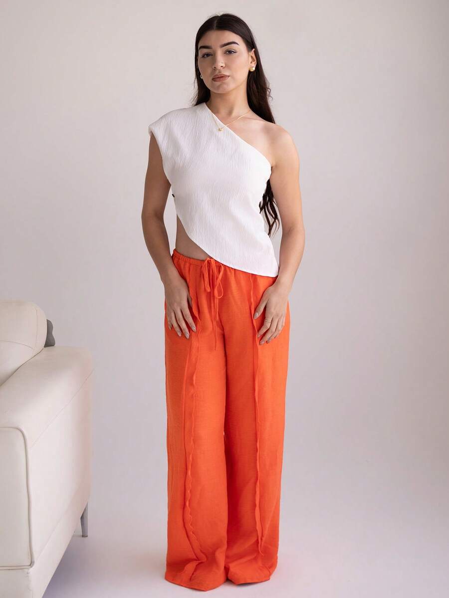 Andrea Bello 抽绳腰部亚麻外观褶边阔腿休闲裤伊比沙岛性感度假春夏节日沙滩装浪漫优雅生日婚礼宾客机场 - 橘色 - 查看 1