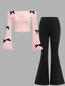 SHEIN Bộ đồ thường ngày cho bé gái tuổi teen: Áo trễ vai thắt nơ và quần ống loe màu trơn. - Màu Hồng baby - Xem 4