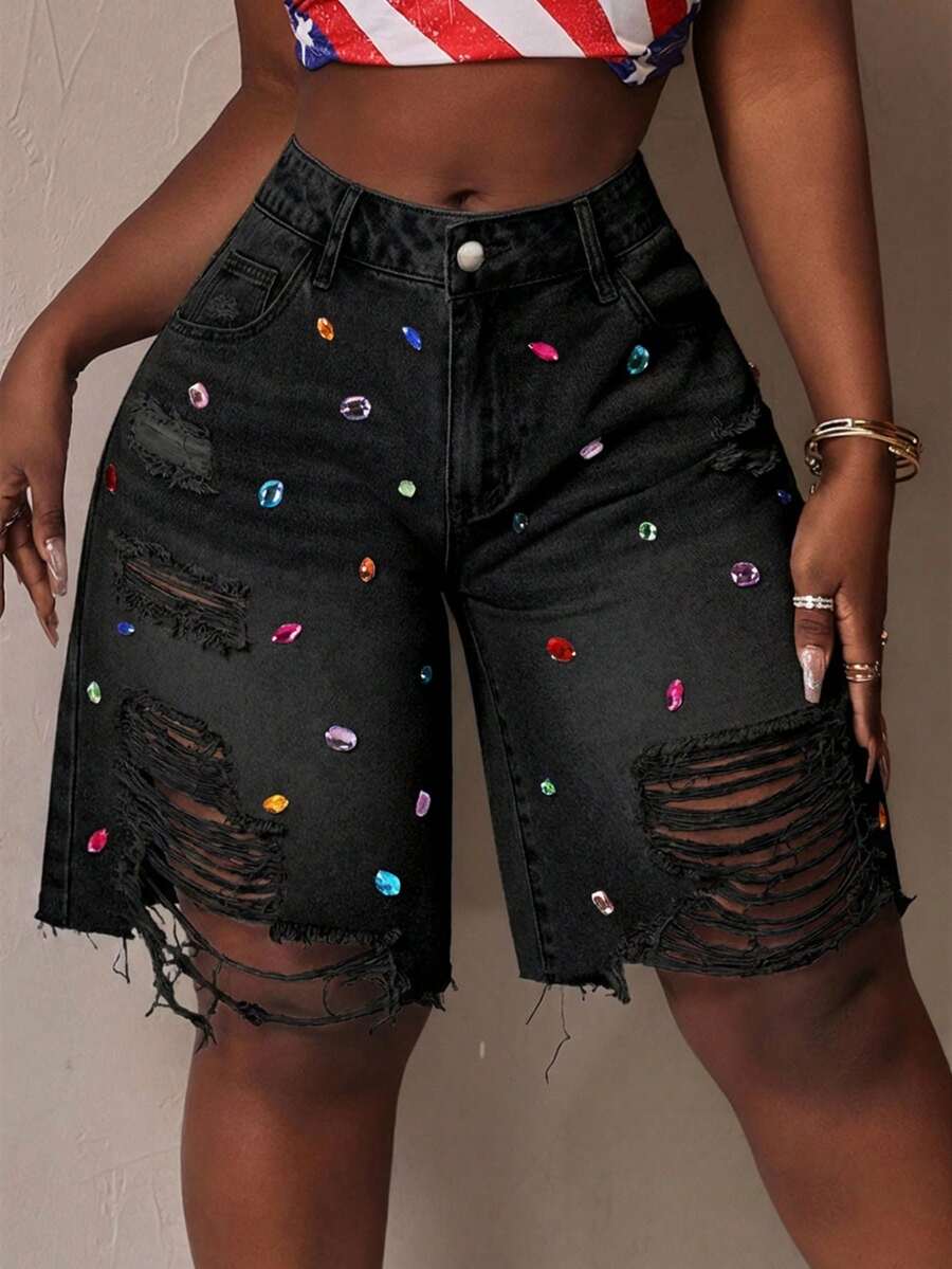 Slaydiva Women's Rhinestone Decor Pocket Distressed Frayed Hem Loose Denim Shorts - Black - View 1
