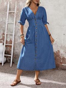 EMERY ROSE Women's Fashion Casual Shirred Waist Cinched Long Denim Dress - Blue - View 3