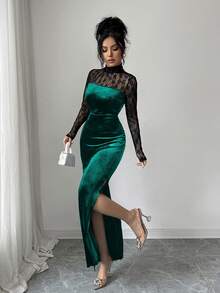 Rafferiza 蕾丝拼接长袖优雅派对礼服，黑色长裙 - 墨綠色 - 查看 6