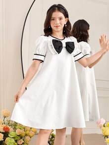 SHEIN Tween Girl Elegant Gorgeous Cute Colorblock Puff Sleeve A-Line Dress, Suitable For Parties, Gatherings And Outings Girls Matching Dresses Twin Girl Dresses - Black and White - View 12