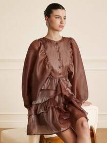 Revavyn Đầm ngắn tay phồng màu cà phê trơn dáng rộng cổ tròn, cài cúc nhiều lớp, xếp tầng, tay dài, kiểu dáng thướt tha, thích hợp cho mùa xuân/hè. - Cà phê - Xem 6